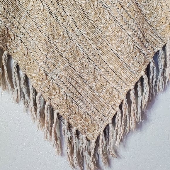 Beige Neutral Cable Knit Poncho with Fringe Hem One Size Asymmetrical Cape - Picture 4 of 7